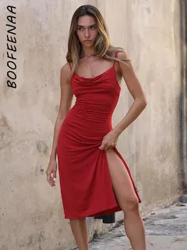 BOOFEENAA, Облегающее платье Миди с Высоким Разрезом, на шнуровке, С Капюшоном, Сексуальное Летнее Платье Для Свидания, Женское Клубное платье 2023 C69-BG23