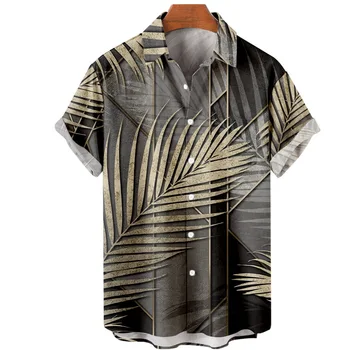Летняя рубашка с коротким рукавом и принтом в виде листьев 4XL, мужская гавайская рубашка Camisas Masculinas