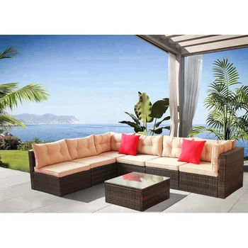 Комплект мебели для патио, садовая мебель из ротанга, угловой диван (7 шт., неглубокая коричневая подушка)