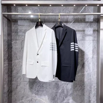 Новый мужской костюм, Новое поступление, мужские куртки, белые блейзеры в полоску с 4 полосками, деловые, официальные, повседневные пиджаки известного бренда