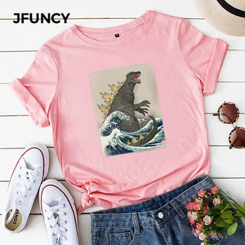 JFUNCY 2021 Новые хлопковые Летние женские топы с рисунком монстра-динозавра, женские рубашки с принтом, женская футболка с коротким рукавом