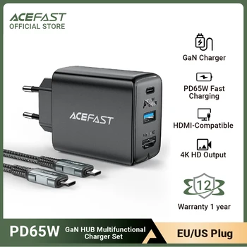 Быстрое Зарядное Устройство ACEFAST GaN 65 Вт 4 К/60 Гц, Совместимая с HDMI Док-станция Для телевизора Для коммутатора 3 порта Type C QC3.0 Портативное Зарядное Устройство Для ноутбука