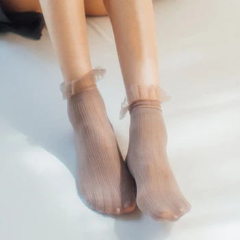 Бархатные женские носки, Ультратонкие Прозрачные кружевные носки с оборками, женские модные летние длинные носки в японском стиле Харадзюку в стиле ретро