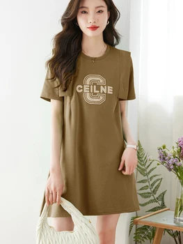 Элегантная И Интеллектуальная Новая Корейская Версия 2023 года, Свободная, Скрывающая Живот, Летняя Спортивная Женская футболка Для отдыха, Зеленое платье
