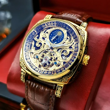 Роскошные Автоматические механические мужские часы Turbillion, светящиеся Водонепроницаемые Золотые Прозрачные Мужские часы с полым скелетом, Мужские наручные часы
