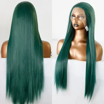 Темно-зеленый парик из синтетических волос на кружеве, Длинное Прямое Термостойкое волокно, натуральные волосы без пробора для белых женских париков