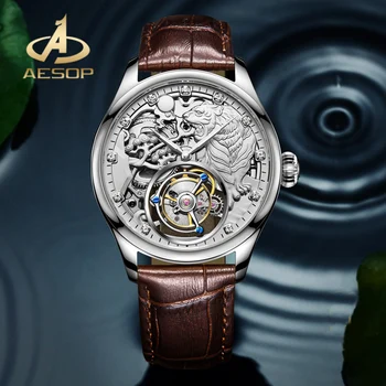 Механические часы AESOP Silver Skeleton AAA + ++ Настоящие Часы С Турбийоном Ремешок Из Натуральной Кожи Сапфировое Стекло Водонепроницаемые Мужские Часы