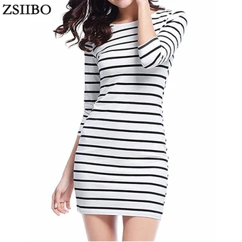 ZSIIBO LYQ61, новинка Весны, Лето, Женское модное повседневное платье в черно-белую полоску с длинным рукавом, прямое, Плюс Размер