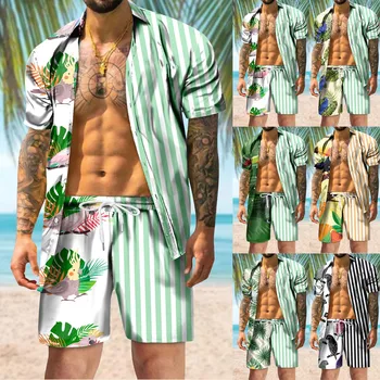 2023 Комплект Повседневных Шорт, Мужские Рубашки, Модная Пляжная Гавайская рубашка на пуговицах С Коротким Рукавом И Принтом, Элегантная Camisa Hawaiana Hombre