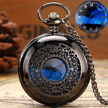 Изысканные карманные часы с полым кварцевым циферблатом звездного синего цвета с подвеской-цепочкой, подарочные мужские часы