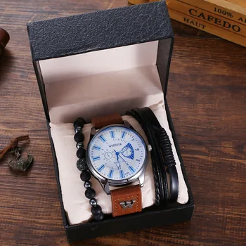 подарочный набор из 2шт Кварцевых часов-браслетов для мужчин, Деловые Повседневные Наручные часы с круглым указателем, Подарок на Годовщину Дня отца