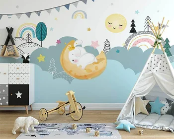 beibehang Пользовательские современные скандинавские обои ручной росписи звездное небо луна белый кролик фон детской комнаты papel de parede обои