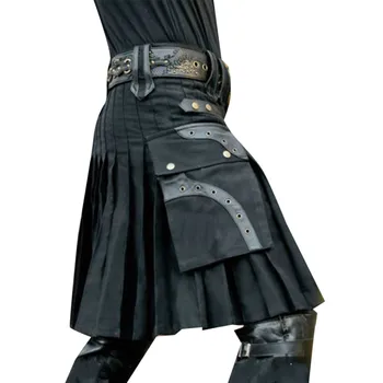 Мужская плиссированная юбка с карманами, Винтажные плиссированные юбки-карго, костюмы для выступлений, повседневная однотонная юбка-трапеция в Шотландском стиле