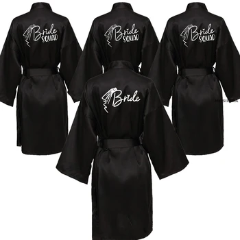 Халат невесты для команды свадебной вечеринки с черными буквами, кимоно, атласная пижама, халат подружки невесты, SP036