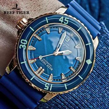 Reef Tiger / RT, Лучший бренд, Каучуковый ремешок, Сапфировое стекло, Мужские Спортивные Военные Автоматические часы, Водонепроницаемые Механические часы для дайвинга на 200 м