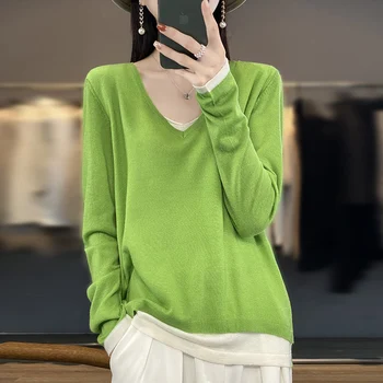 Женская одежда из тонкой искусственной шерсти с V-образным вырезом, весенне-осенний тонкий пуловер, повседневный свободный поддельный низ из двух частей