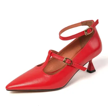 Новые женские весенние модные туфли на высоком тонком каблуке из натуральной кожи с Т-образным ремешком, элегантные женские туфли-лодочки с острым носком и красно-бежевой пряжкой