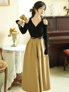 Модный комплект из двух предметов во французском стиле, черный вязаный свитер с V-образным вырезом, открытыми плечами, длинным рукавом + юбка, женский Корейский повседневный костюм OL.