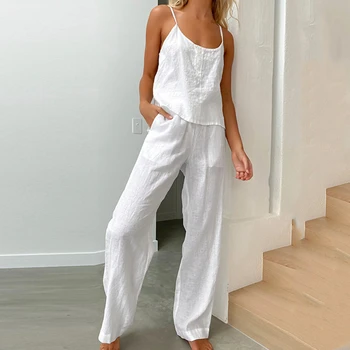 Лето 2023, Женская льняная хлопковая пижама, комплект на бретельках, Белая пижама на пуговицах, майки + Длинные брюки, 2 предмета, домашний костюм, одежда для отдыха