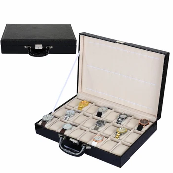 2017 Топ 24 слота коробка для часов Коробка для хранения Коробка для дисплея Модные часы Брендовые часы черная кожаная подарочная сумка для часов