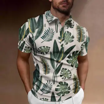Летние мужские рубашки поло с воротником-стойкой на пуговицах и 3D-принтом с рисунком зеленых растений, повседневные топы с коротким рукавом Оверсайз, трендовая мужская одежда
