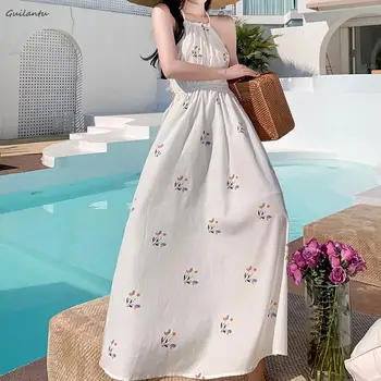 Летнее пляжное белое платье Макси с открытой спиной, женское длинное платье без рукавов в корейском стиле с открытыми плечами, Элегантные вечерние платья