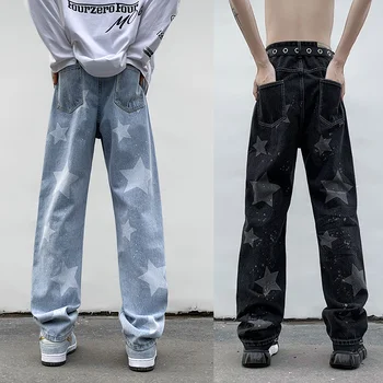 Мужские прямые джинсы в стиле хип-хоп, трендовые нейтральные джинсовые брюки, свободные широкие уличные брюки, мужские мешковатые американские джинсы большого размера 5xl