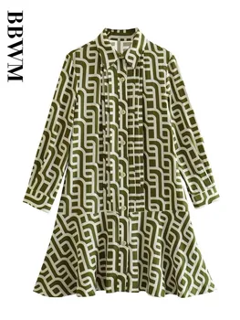 Платье с геометрическим принтом, женские мини-платья из льняной смеси 2023, модное элегантное шикарное женское платье с длинным рукавом, летнее винтажное платье