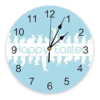 Пасхальный Кролик Белый Силуэт Синий Большие настенные часы Декор для столовой ресторана Кафе Круглые Настенные часы Бесшумное Украшение дома