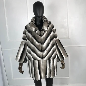 Высококачественная Элегантная женская зимняя куртка Цвета Шиншиллы со стоячим воротником, пальто из натурального натурального меха с рукавом 
