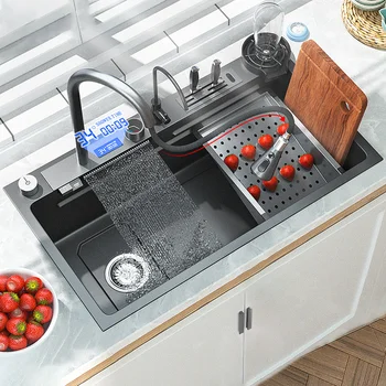 Кухонная раковина с водопадом из нержавеющей стали 304, цифровой дисплей, большая раковина с одной раковиной, раковина для мытья посуды с многофункциональным сенсорным водопадом