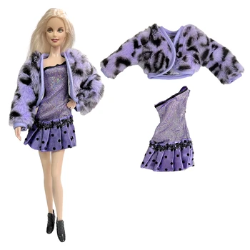 2 предмета в комплекте, модная кукольная одежда 30 см для куклы Барби, аксессуары для куклы Барби, шуба + платье фиолетового цвета, теплый наряд для куклы 1/6 девочки
