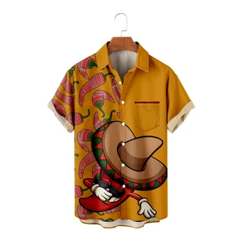 Мужские гавайские рубашки с мультяшным принтом чили, повседневные рубашки для отпуска с коротким рукавом, классные летние топы, винтажные дышащие Большие размеры