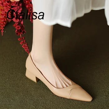 Cialisa / Новое поступление женской обуви 2023, Весенняя мода, повседневные туфли-лодочки с квадратным носком, женская обувь ручной работы на среднем каблуке 3,5 см, бежевый