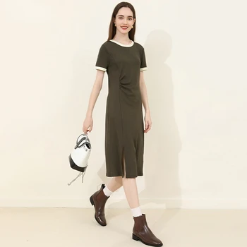 Летняя новая контрастная юбка с разрезом, женское плиссированное платье с открытыми плечами, короткий рукав, средняя талия, круглый вырез, трикотажное платье средней длины