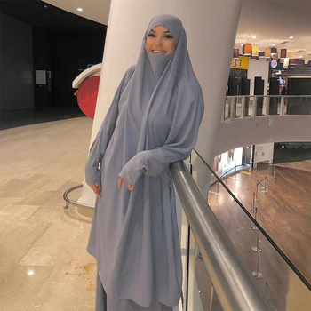 Ид Мусульманские Женщины С Капюшоном Длинный Химар Париер Одежда Комплект из 2 частей Платье Абая Полное Покрытие Исламская Одежда Кафтан Джилбаб Джеллаба