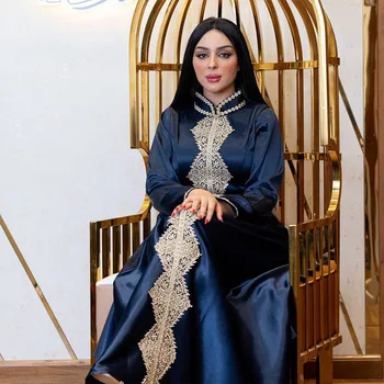 Элегантные женские мусульманские абайи с атласной вышивкой, Длинное платье Макси Турция, Арабский Кафтан, Вечернее платье Дубай, Марокко, Халабия Ид