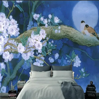 beibehang Высококачественные пользовательские фотообои 3D стерео новые китайские синие ручной росписью цветок птица гостиная ТВ задняя стена