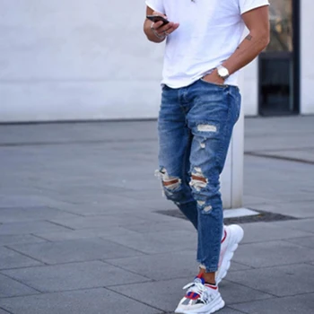 Новые мужские рваные модные джинсы-стрейч с боковым отверстием на лодыжке