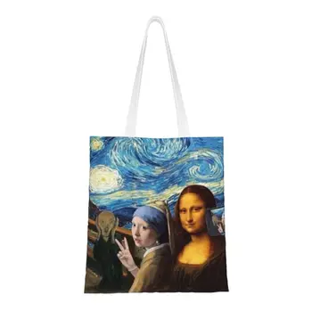 Звездная ночь от Моны Лизы и Винсента Ван Гога Сумки-тоут для покупок, художественная роспись, холст, продукты, сумка для покупок через плечо