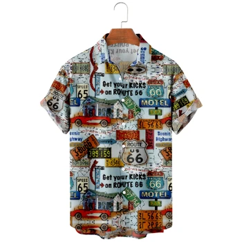 Мужская модная рубашка с винтажными дорожными знаками в гавайском стиле с 3D принтом, уютная повседневная пляжная одежда без карманов, одежда Оверсайз