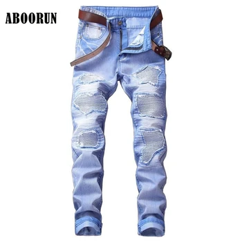 Модные мужские байкерские джинсы ABOORUN Motor, синие потертые джинсы с дырками в складку, разноцветные YC1074