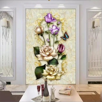wellyu papel de parede Пользовательские фрески 3d фотообои красивые розы и бабочки мраморный входной проход 3d обои фрески