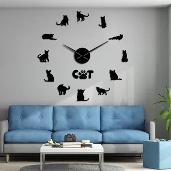 Современные тонкинезские кошки Разводят бесшумные настенные часы Животные Котенок Домашние Самоклеящиеся 3D часы DIY Кварцевые часы с батарейным питанием