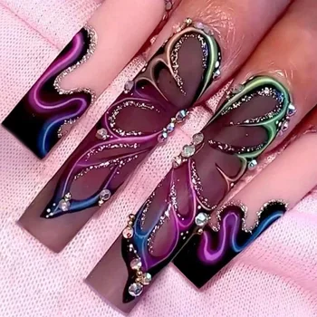 5D Набор накладных ногтей Spicy для девочек, красивая бабочка с бриллиантами, длинные французские кончики, искусственные накладки, надеваемые на накладной ноготь