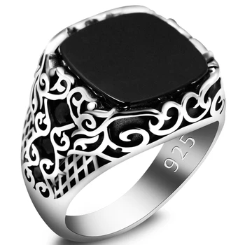 Мужское кольцо с турецким черным ониксом, серебро 925 пробы, винтажное кольцо с бабочкой из ротанга, квадратное кольцо с натуральным крупным камнем, ювелирный подарок CZ