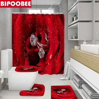 Декор ванной комнаты на День Святого Валентина, занавеска для душа с принтом в виде ромбов с крючками, подставка для крышки унитаза, нескользящий коврик, набор ковриков для ванной