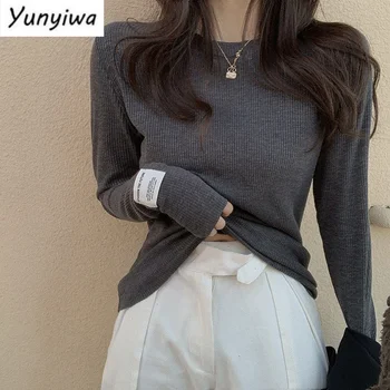 Женские футболки с длинными рукавами, Комфортное простое нижнее белье в корейском стиле, универсальные тонкие футболки, топы с темпераментом для отдыха, женские новинки