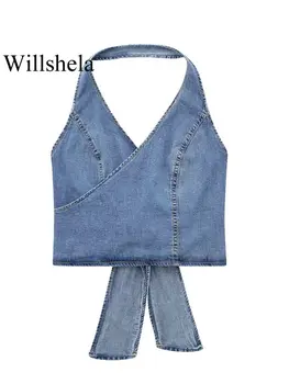 Willshela/ Женские модные джинсовые укороченные топы с бантом сзади, винтажные топы на бретелях с открытой спиной, женский Шикарный женский укороченный топ