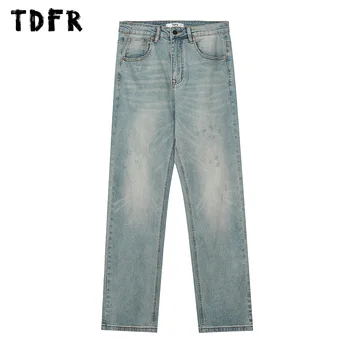 Потертые джинсы, мужские Ретро Повседневные выстиранные потертые Свободные брюки с прямыми штанинами, мужские джинсовые брюки